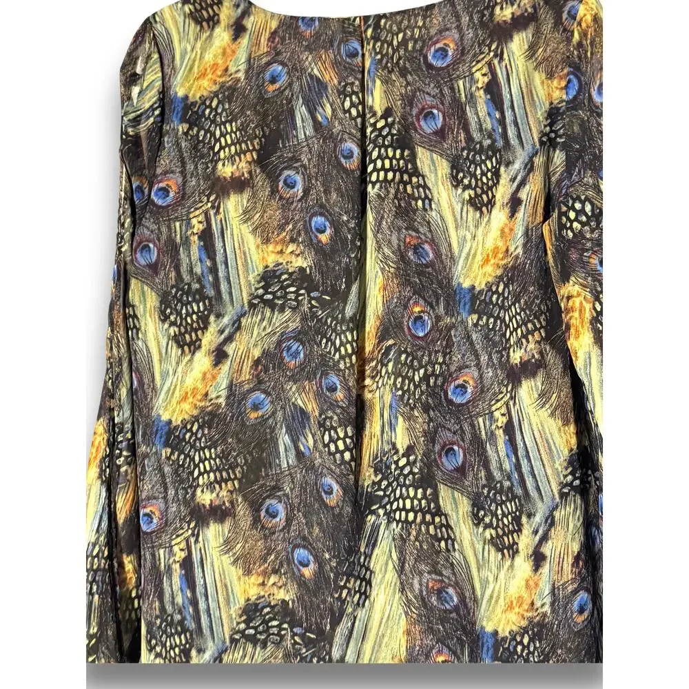 Zac and Rachel Women Medium Peacock Feather Print Sheer Layered Blouse Blue Gold - Picture 5 of 8